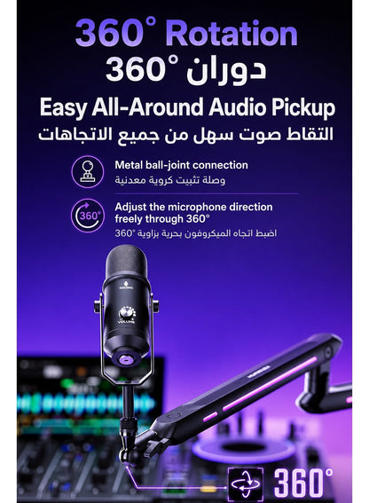 3 in 1 Mic Stand, Convertible Low Profile Arm and Holder for Studio, Streaming, Gaming, Podcasting and Recording by HUMANEX, RGB 3-Section Boom Arm Compatible with FIFINE Mics, RØDE NT1, HyperX QuadCast and Shure SM7B, Clamp and Grommet Mount, Black