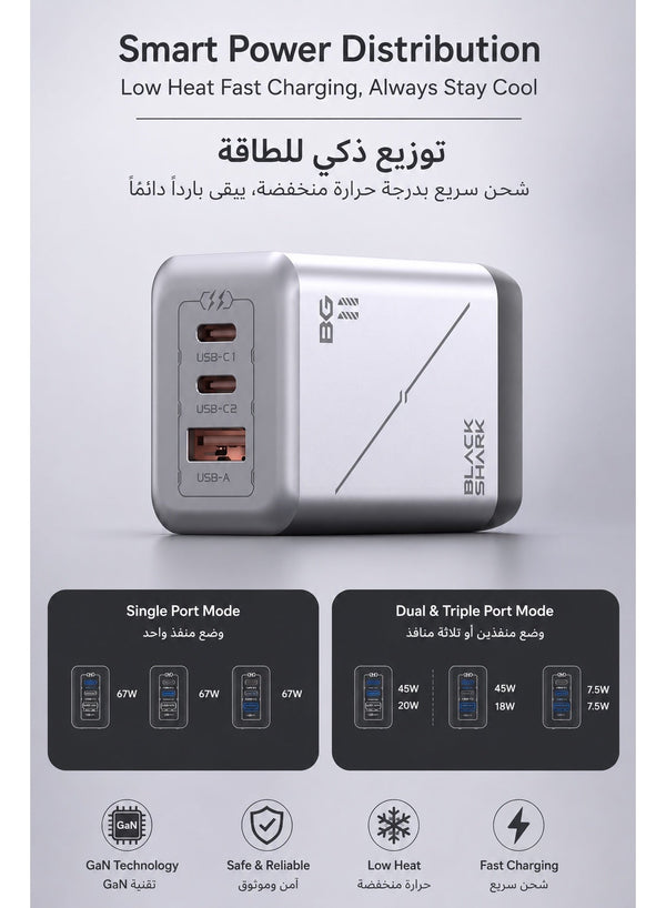 Black Shark 67W GaN Fast Charger – Compact 3-Port Power Adapter (2× USB-C + USB-A), Foldable US Plug, USB-C Cable Included – For iPhone, iPad, RedMagic, Samsung, Xiaomi, Tablets & Laptops
