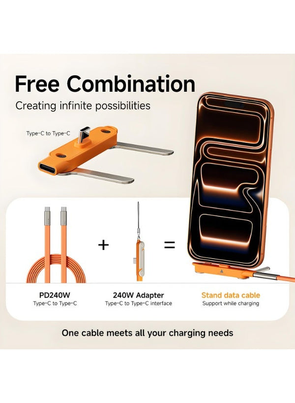 كبل حامل هاتف Basemo بقوة 240W من نوع USB-C و Type-C مع شحن سريع PD وحقيبة كبل شحن متعدد الأجهزة مع محول قابس مدمج وحامل هاتف مدمج ونقل بيانات عالي السرعة وتصميم محفوف بالخيوط متين - متوافق مع Xiaomi و Samsung و iPhone و iPad و MacBook