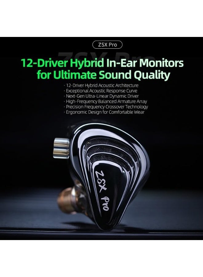 KZ ZSX Pro IEM 12-Driver Hybrid Earphones, 1DD+5BA per Side, Wired 3.5mm HiFi In
