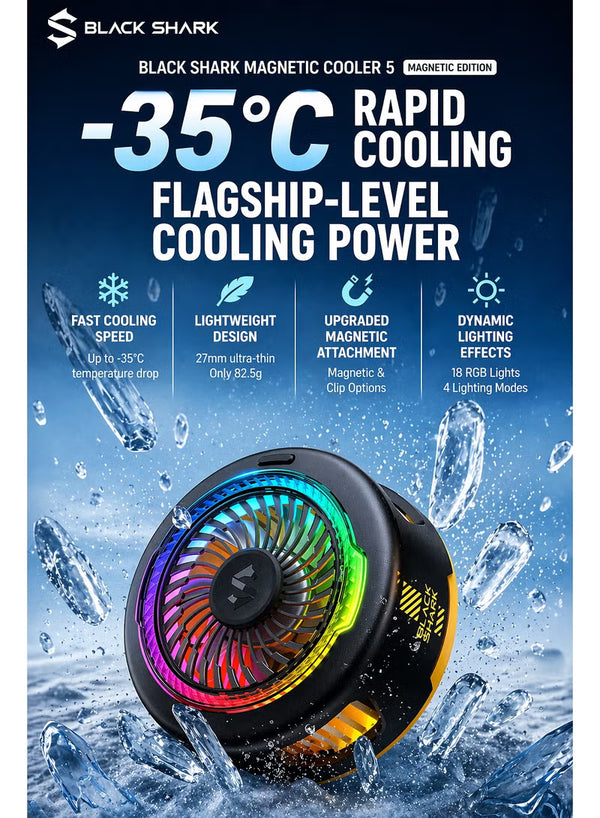 Black Shark 5 funcooler مبرد الهاتف، مروحة تبريد مغناطيسية 20W مع التحكم عبر التطبيق، وسادة تبريد محمولة فائقة الهدوء، تثبيت مغناطيسي قوي لـ iPhone و Android و RedMagic و iPad – مثالي لألعاب FPS مثل PUBG Mobile و Call of Duty Mobile – أسود