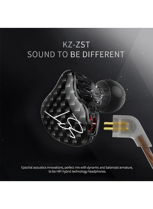 KZ ZST IEM Hybrid HiFi In-Ear Earphones with Microphone, 1 Balanced Armature and 1 Dynamic Driver, Wired 3.5mm Headphones with Powerful Bass, Rich Midrange, Detailed Treble, Ergonomic Secure Fit, Passive Noise Isolation, Memory Ear Hooks and Detachable Ca