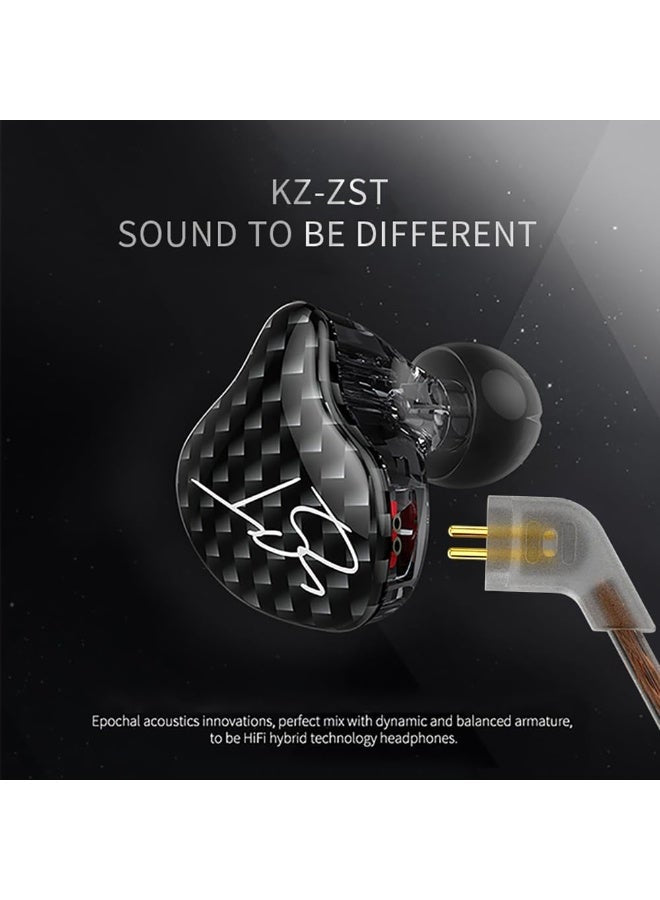 KZ ZST IEM Hybrid HiFi In-Ear Earphones with Microphone, 1 Balanced Armature and 1 Dynamic Driver, Wired 3.5mm Headphones with Powerful Bass, Rich Midrange, Detailed Treble, Ergonomic Secure Fit, Passive Noise Isolation, Memory Ear Hooks and Detachable Ca