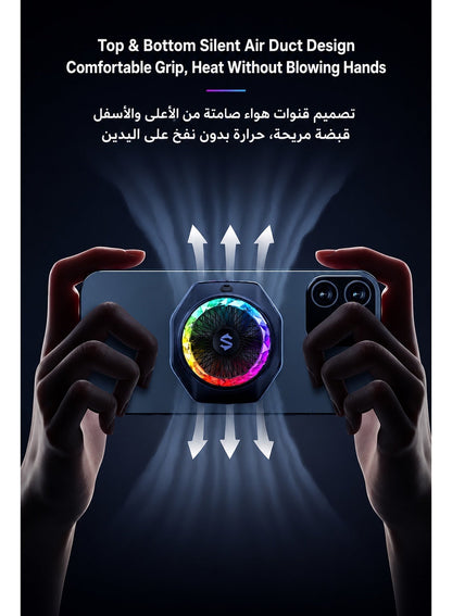 مبرد الهاتف بلاك شارك ٥ برو مغناطيسي للهواتف والأجهزة اللوحية – مروحه تبريد الجوال بقدرة ٣٥ واط تبريد فائق للألعاب مع إضاءة RGB، تحكم ذكي عبر التطبيق بدرجة الحرارة، مقبض قابل للفصل – مبرد هاتف للالعاب متوافق مع آيفون، ريد ماجيك، سامسونج، أندرويد
