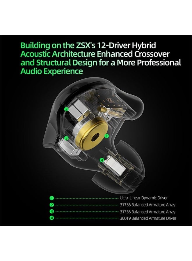 KZ ZSX Pro IEM 12-Driver Hybrid Earphones, 1DD+5BA per Side, Wired 3.5mm HiFi In
