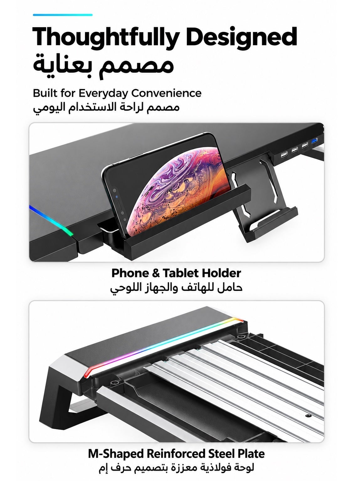 Monitor Stand Riser by ICECOOREL T1, RGB Gaming Computer Monitor Stand with 4-Port USB Hub, USB 3.0 & USB 2.0, Storage Drawer, Phone & Tablet Holder, 20kg Heavy-Duty Desk Organizer for PC Laptop Monitor