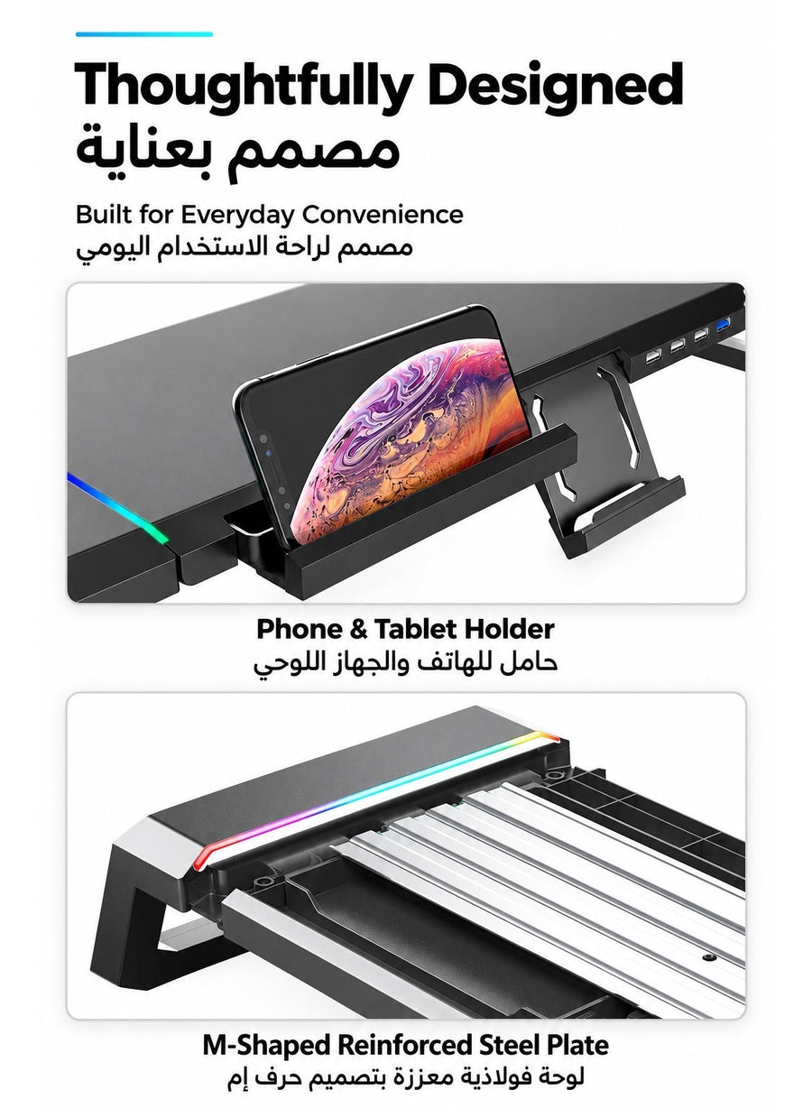 Monitor Stand Riser by ICECOOREL T1, RGB Gaming Computer Monitor Stand with 4-Port USB Hub, USB 3.0 & USB 2.0, Storage Drawer, Phone & Tablet Holder, 20kg Heavy-Duty Desk Organizer for PC Laptop Monitor