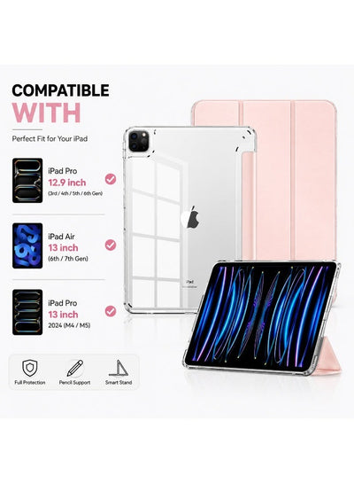 Premium Acrylic Clear Case for iPad Pro 12.9 Inch (3rd/4th/5th/6th Gen) & iPad Air 13 Inch (6th/7th Gen) / iPad Pro 13 Inch 2024 M4 M5 – Anti-Bend Shockproof Smart Folio Stand Cover with Auto Sleep Wake & Pencil Support - Pink