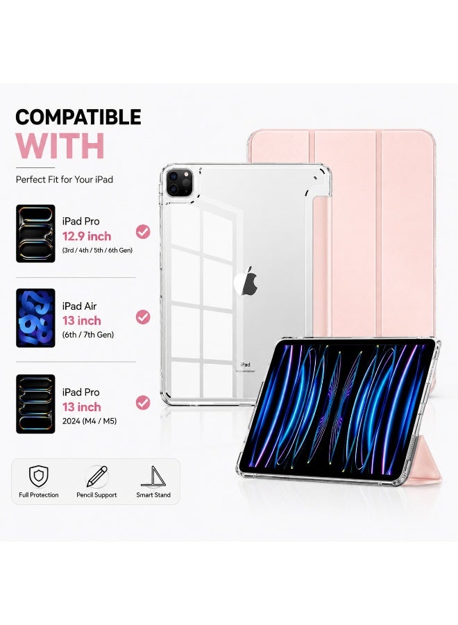 Generic Premium Acrylic Clear Case for iPad Pro 12.9 Inch (3rd/4th/5th/6th Gen) & iPad Air 13 Inch (6th/7th Gen) / iPad Pro 13 Inch 2024 M4 M5 – Anti-Bend Shockproof Smart Folio Stand Cover with Auto Sleep Wake & Pencil Support - Pink