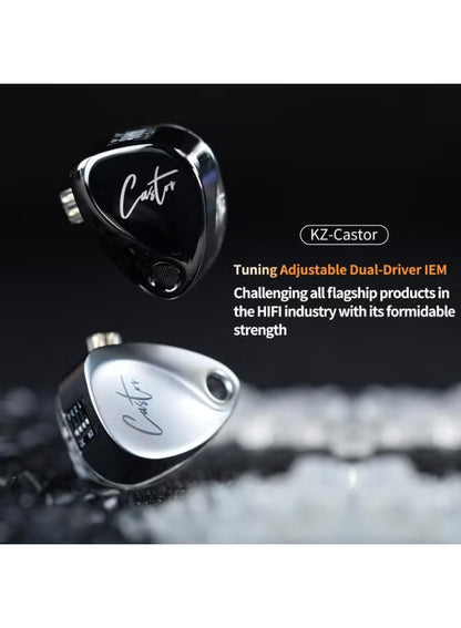 سماعات KZ Castor IEM نسخة Harman Target مع نسخة Bass محسّنة، سماعات أذن IEM - محركات ديناميكية مزدوجة (10mm + 8mm)، صوت قابل للتعديل مع 4 مفاتيح ضبط (16 ملف تعريف)، عزل الضوضاء، 3.5mm، 2-Pin بـ 0.75mm، رمادي مع ميكروفون - نسخة Bass