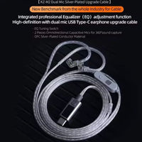KZ M2 Type-C 0.78mm Silver-Plated Earphone Upgrade Cable, featuring Dual Microphones, High-Performance DAC Chip, Hi-Fi Audio Decoding, and Adjustable Sound Modes. Premium 0.78mm Type-C IEM Cable compatible with KZ ZS10 Pro 2 and other 0.78mm pin earphones