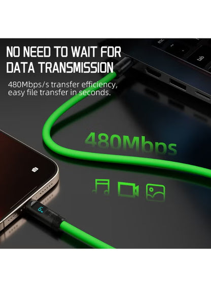 PIVA Intelligent 240W PD Super Fast Charging Type-C to Type-C Data Cable with Intelligent Digital Display, 1.5m Liquid Silicone Cable, 480Mbps High-Speed Data Transfer for Gaming, RedMagic, iPhone 15 & 17 Series, iPad Pro, Tablets and Laptops