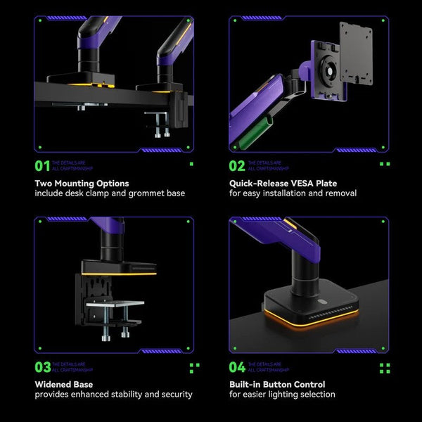 Humanex Premium Professional RGB Gaming Monitor Arm, Heavy Duty Single Monitor Desk Mount for 17–49″ Ultrawide Screens, Supports up to 20 kg, Full Motion Tilt, Swivel and 360° Screen Rotation, 20 RGB Lighting Modes, VESA 75×75 / 100×100, Built In