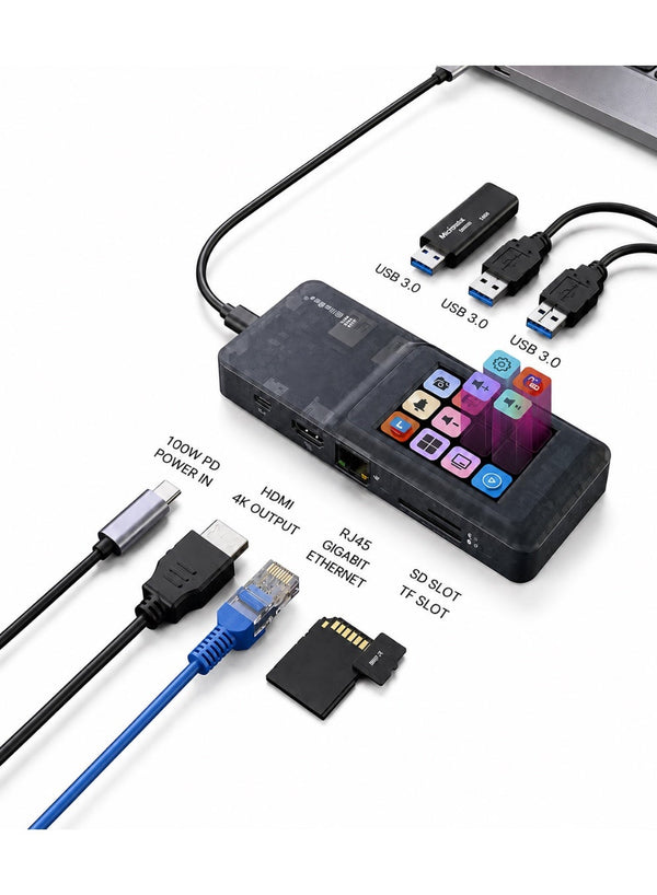 Mirabox H1 8 in 1 Smart Docking Station with Built-in Touch Display Screen, Multi-Function USB-C Hub for Streaming, Gaming & Office Work, 4K HDMI, PD 100W Fast Charging, Gigabit Ethernet Adapter, USB 3.0, SD/TF Card Reader & Audio – Compatible with MacBoo