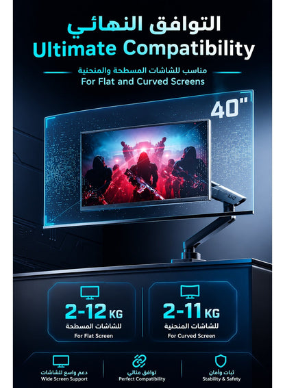 Monitor Arm and Stand for Gaming & Office, Single Monitor Desk Mount for 17–40” Screens, Supports up to 12kg, Full Motion Tilt, Swivel & 360° Rotation, VESA 75×75 / 100×100, Built-in Cable Management, C-Clamp & Grommet, By Humanex - Black