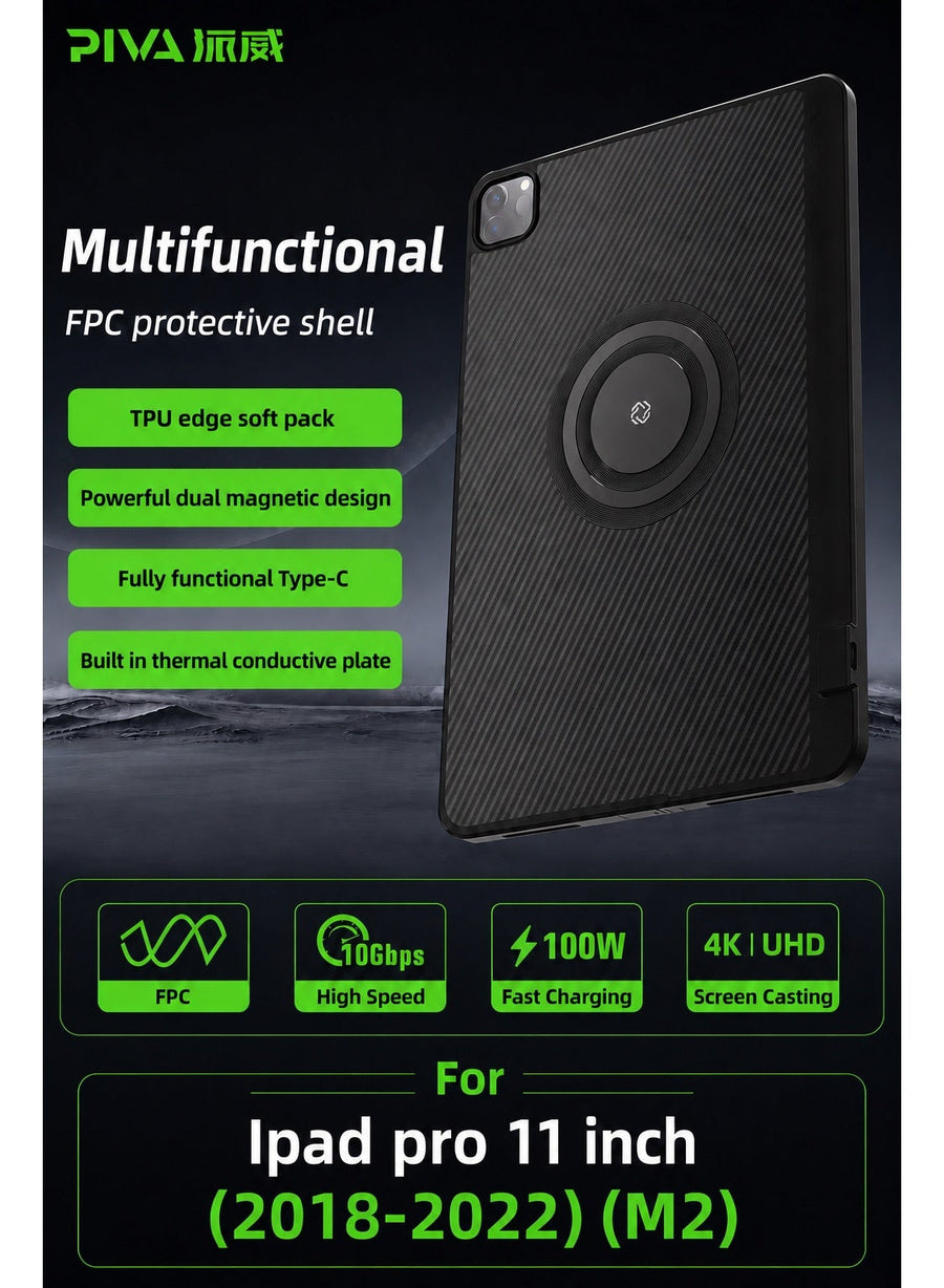 PIVA Gaming 3-in-1 iPad Protective Case with FPC Tail Plug, Built-In Magnetic Ring for Cooler Attachment, PD 100W Fast Charging, 10Gbps Data Transfer, 4K 60Hz Video Output, Carbon Fiber TPU Cover, Compatible with Magnetic Coolers for iPad Pro 11-inch 2018