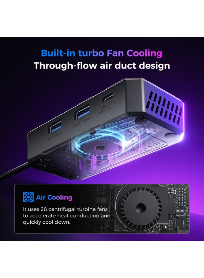 PLEXTONE GS6 Gen 2 USB-C 6-in-1 Gaming Docking Station Hub with Built-in Turbo Fan Cooling, 2K 120Hz & 4K 60Hz HDMI Output, PD 100W Fast Charging, Dual USB High-Speed Data, 3.5mm/USB/Type-C Audio Support – Compatible with iPad Pro, RedMagic, Samsung, OneP