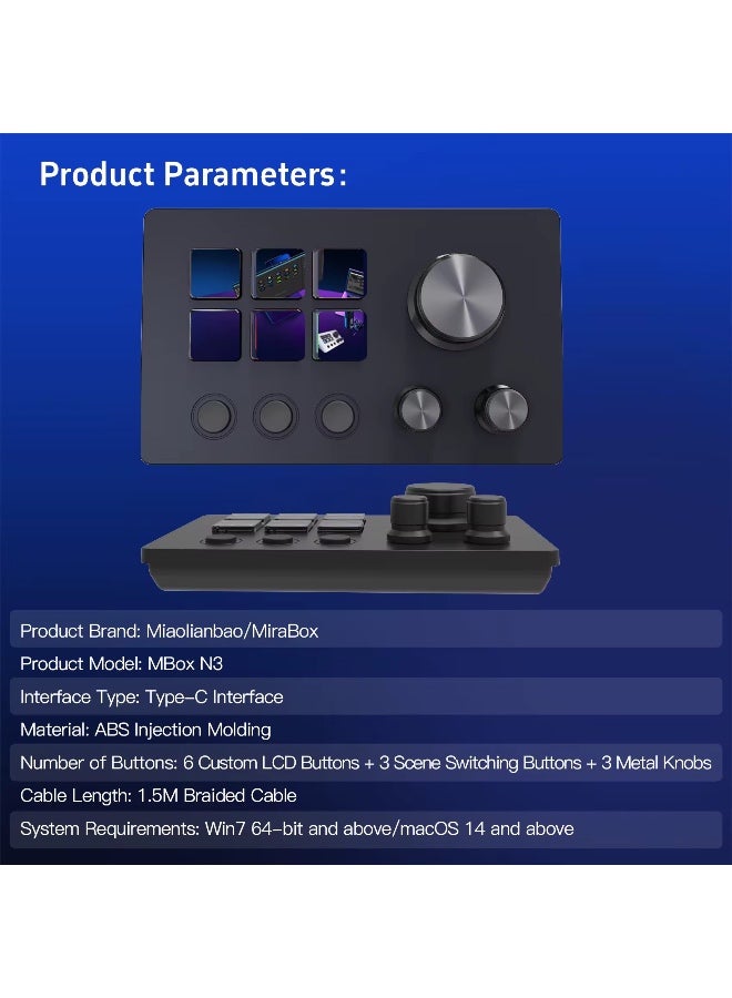 Mirabox N3 Stream Controller Deck V3, 6 Customizable LCD Keys, 3 Rotary Dials, 3