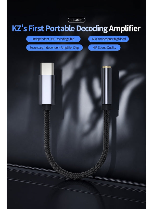 KZ AM01 USB-C to 3.5mm DAC Headphone Amplifier Adapter — Universal USB-C Hi-Res Audio Decoder with Dual Independent DAC & Amplifier Chips, Supports High-Impedance Headphones up to 600Ω — Compatible with USB-C Devices (Android, iPhone 15+/iPad