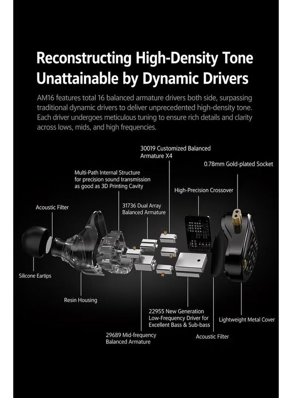 KZ AM16 IEM سماعات أذن مراقب داخل الأذن محسّنة الجهير بـ 16 محرك، سماعات أذن HiFi IEM احترافية مع فاصل ثلاثي الاتجاهات، استجابة تردد فائقة الاتساع، كابل 0.75 mm 2-Pin، صوت استوديو احترافي للموسيقى والألعاب – نسخة محسّنة الجهير مع ميكروفون