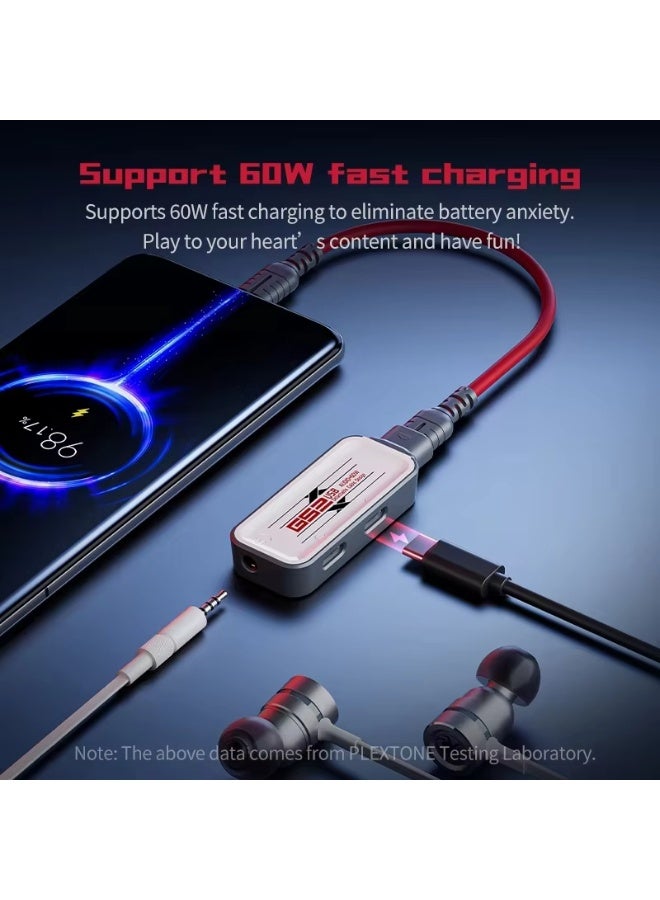 PLEXTONE GS2 Detachable 3 in 1 Double type C + Aux  Gaming Adapter and Converter  HD Audio + 60W Fast Charge , with Extra 60cm Long Cord, for RedMagic, iPad, iPhone, Mobile, Laptops, Samsung and Android