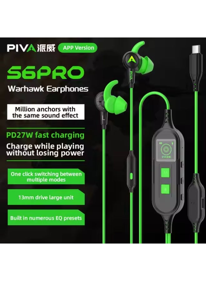 PIVA S6PRO Gaming Earphones With 27 PD Charging Port , APP Control, Built-in Sound Card, 3D Surround Sound, RGB Lighting, For iPhone, Redmagic, Samsung, Mobile, PC, PS5, PS4, Xbox Series X/s, Xbox One, Nintendo Switch - Type C Green