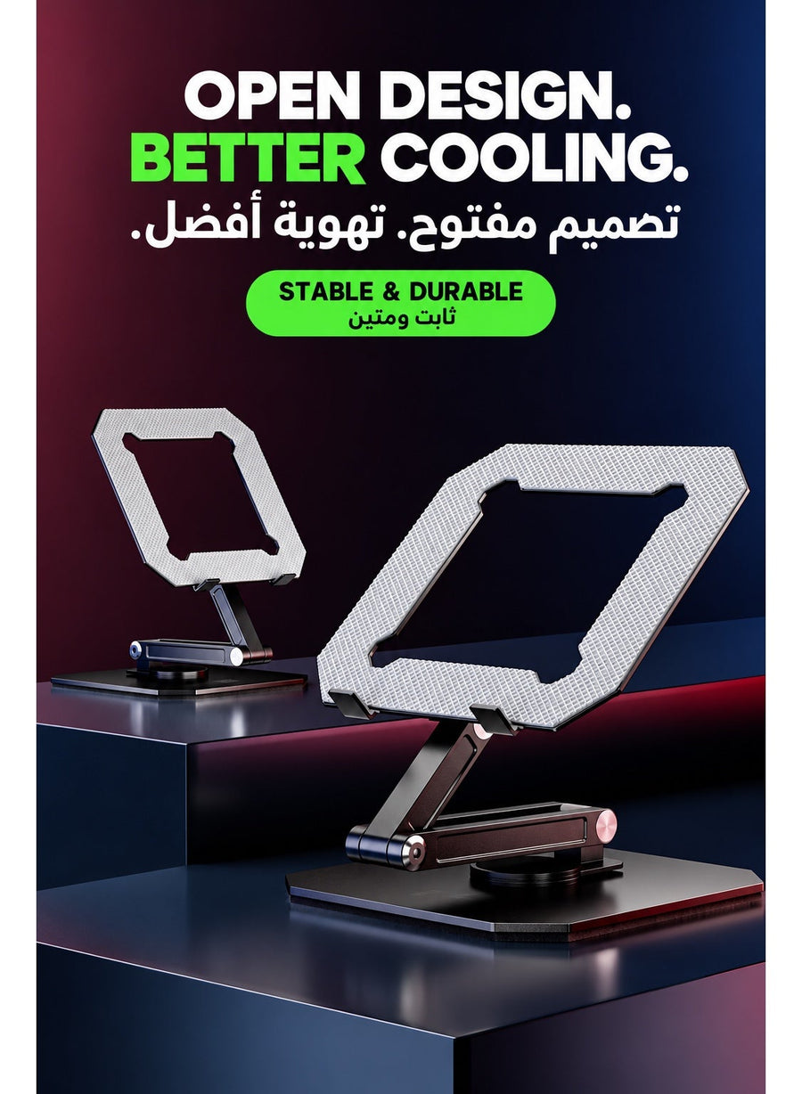 Tablet Stand PIVA All-Metal Gaming Tablet Stand, 360° Rotating Adjustable iPad Holder with 180° Multi-Angle Hinges, Heavy-Duty Weighted Base, Foldable Desktop Stand, Open Cooling Design for iPad, Tablets, Gaming, Work & Study