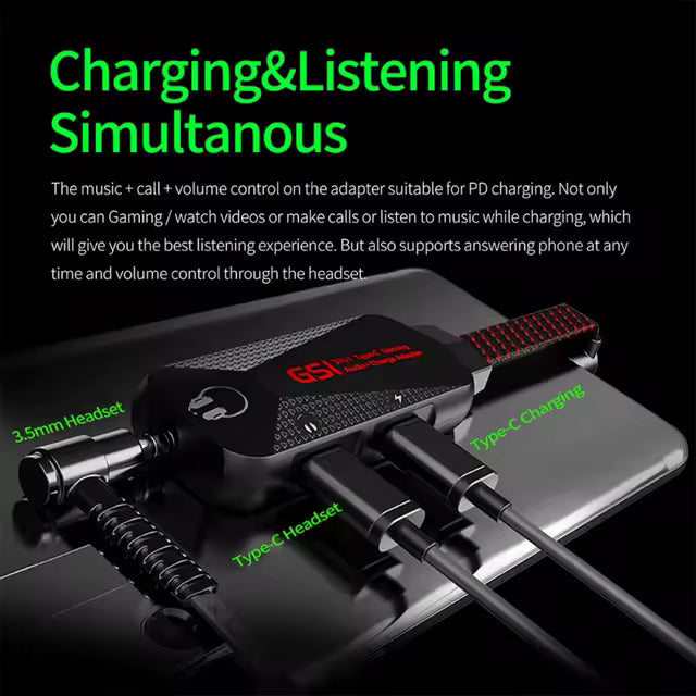 GS1 3-in-1 Mobile Gaming Sound Card USB-C to 3.5mm Headphone Jack Adapter Type C PD QC 60W Fast Charge Adapter Hi-Res Sound Card