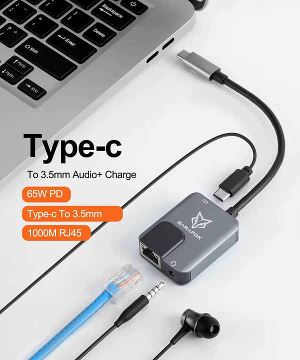 Sarafox 3in1 Type c To 3.5mm Audio with 1000mbp Rj45 network and PD3.0 Fast Charger For PUBG Gaming Razer Xiaomi Black Shark