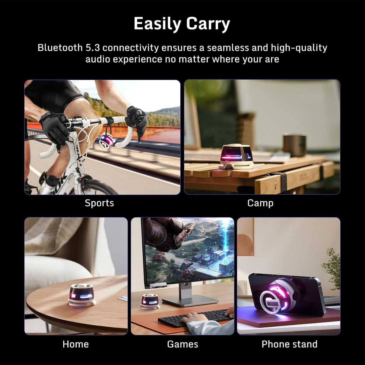 حامل هاتف صغير من ريد ماجيك مع مكبر صوت بلوتوث، BT 5.3، ضوء RGB، وضع الألعاب/الموسيقى، مكبر صوت مغناطيسي لاسلكي محمول لعربة الجولف، السفر، الاستحمام، الهواء الطلق أو السطح المعدني