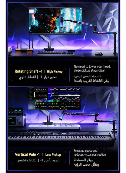 3 in 1 Mic Stand, Convertible Low Profile Arm and Holder for Studio, Streaming, Gaming, Podcasting and Recording by HUMANEX, RGB 3-Section Boom Arm Compatible with FIFINE Mics, RØDE NT1, HyperX QuadCast and Shure SM7B, Clamp and Grommet Mount, Black