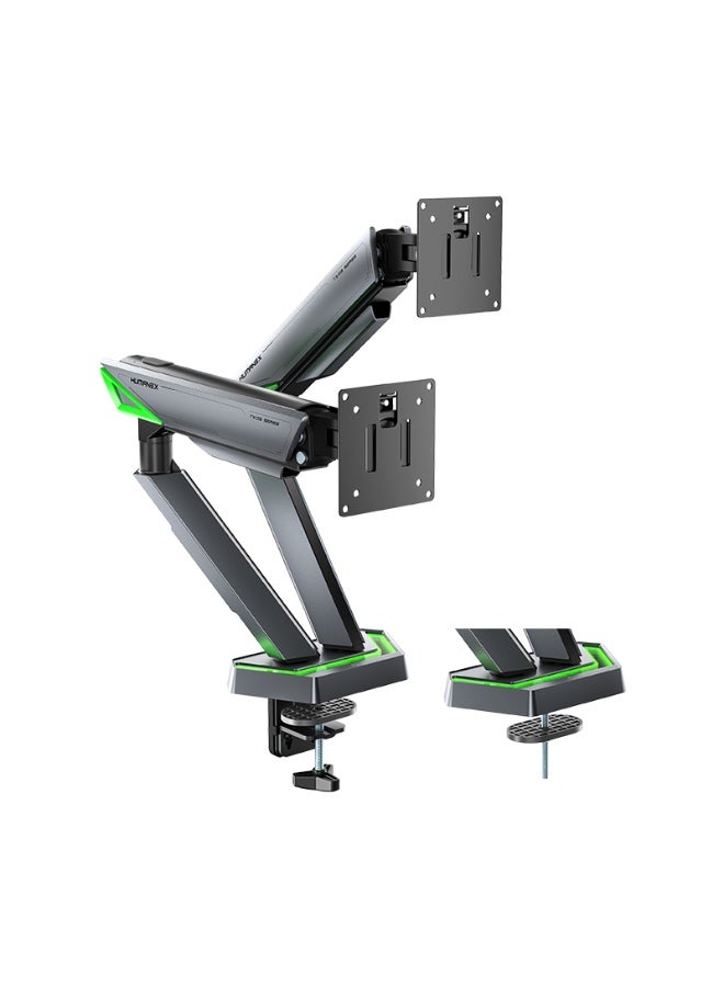 Dual Monitor Stand & Arm Bracket Holder, Heavy Duty RGB Desk Mount for Two 17–38″ Monitors, Supports up to 16kg Each, Full-Motion Tilt, Swivel & 360° Rotation, Infinity Mirror with 20 RGB Lighting Modes, VESA 75×75 / 100×100, Built-In Cable Management