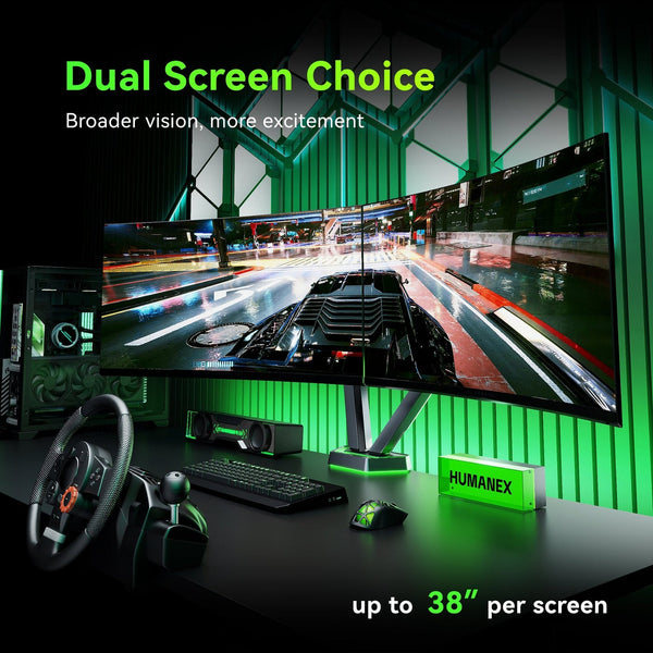 Humanex Infinity Mirror Premium Professional RGB Gaming Dual Monitor Arm, Heavy Duty Desk Mount for Two 17–38″ Screens, Supports up to 16 kg Each, Full Motion Tilt, Swivel and 360° Screen Rotation, 20 RGB Lighting Modes, VESA 75×75 / 100×100, Buil