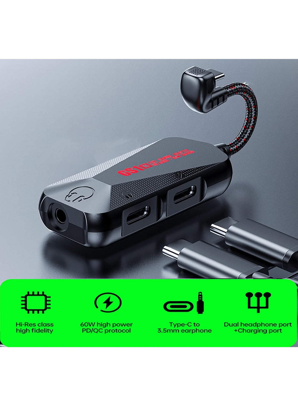 GS1 Type-C 3-in-1 Gaming Audio Adapter, 60W PD Fast Charging + 3.5mm Hi-Res Sound Card, Type-C to Aux Converter with Mic Support, Magnetic Design for Android, RedMagic, Black Shark, Xiaomi, Huawei, iPhone 15/16/17 Series, iPad, MacBook, Laptops
