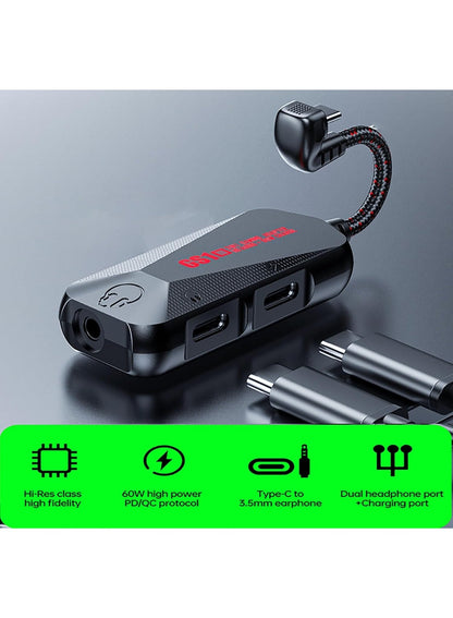 GS1 Type-C 3-in-1 Gaming Audio Adapter, 60W PD Fast Charging + 3.5mm Hi-Res Sound Card, Type-C to Aux Converter with Mic Support, Magnetic Design for Android, RedMagic, Black Shark, Xiaomi, Huawei, iPhone 15/16/17 Series, iPad, MacBook, Laptops