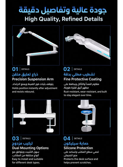 Mic Stand 3 in 1, Convertible Low Profile Arm and Holder for Studio, Streaming, Gaming, Podcasting and Recording by HUMANEX, RGB 3-Section Boom Arm Compatible with FIFINE Mics, RØDE NT1, HyperX QuadCast and Shure SM7B, Clamp and Grommet Mount, White