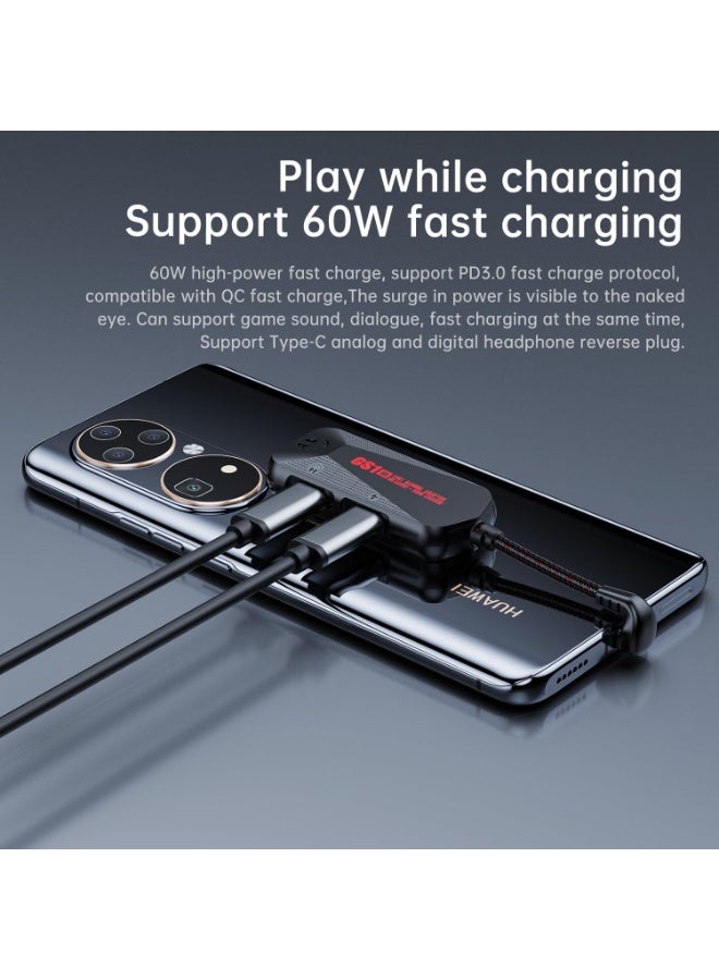GS1 Type-C 3-in-1 Gaming Audio Adapter, 60W PD Fast Charging + 3.5mm Hi-Res Sound Card, Type-C to Aux Converter with Mic Support, Magnetic Design for Android, RedMagic, Black Shark, Xiaomi, Huawei, iPhone 15/16/17 Series, iPad, MacBook, Laptops