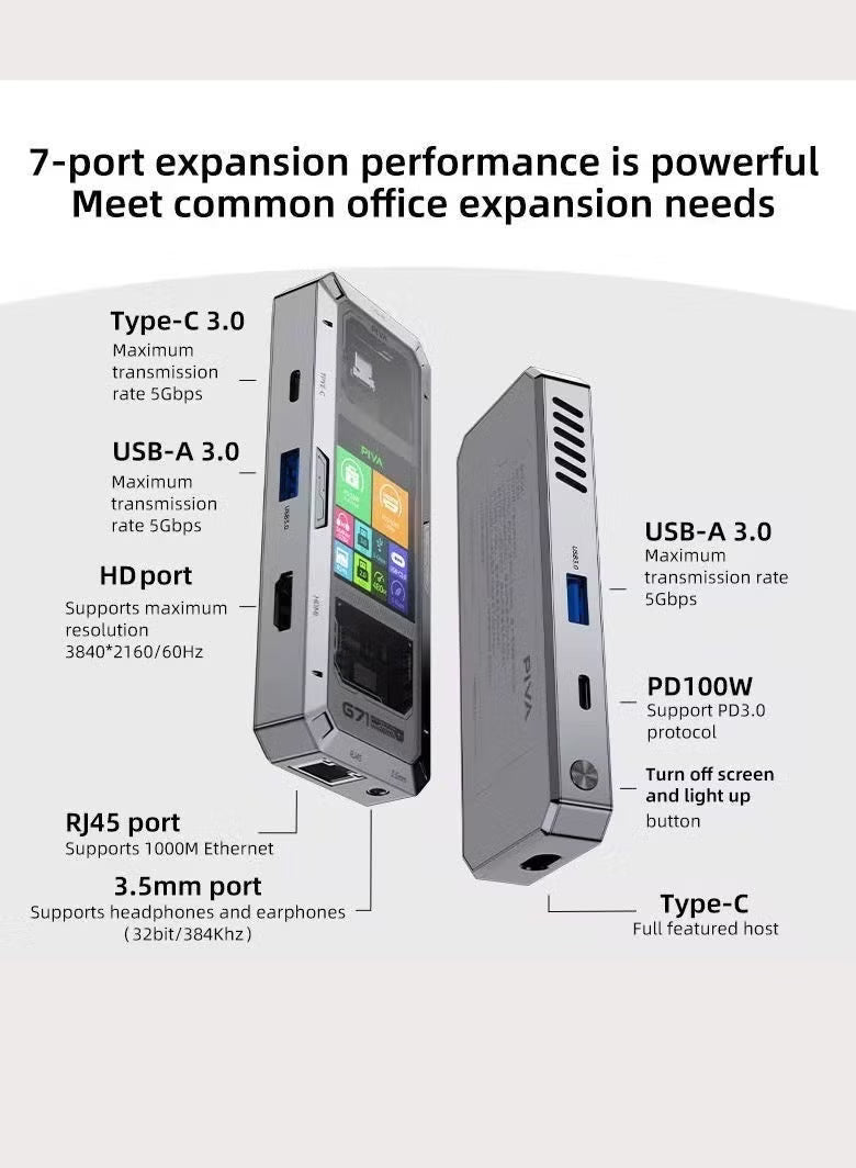 PIVA G71 USB-C 7-in-1 Smart Docking Station Multi-Function Hub with Built-in Display Screen, 4K HDMI, PD 100W Fast Charging, Gigabit Ethernet Adapter, USB 3.0 & Audio – Compatible with RedMagic, iPad, iPhone, Samsung & Laptops and PC