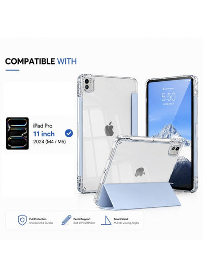 Premium Acrylic Clear Case for iPad Pro 11 Inch 2024 (M4 / M5) – Anti-Bend Shockproof Smart Folio Stand Cover with Auto Sleep Wake & Pencil Support - blue