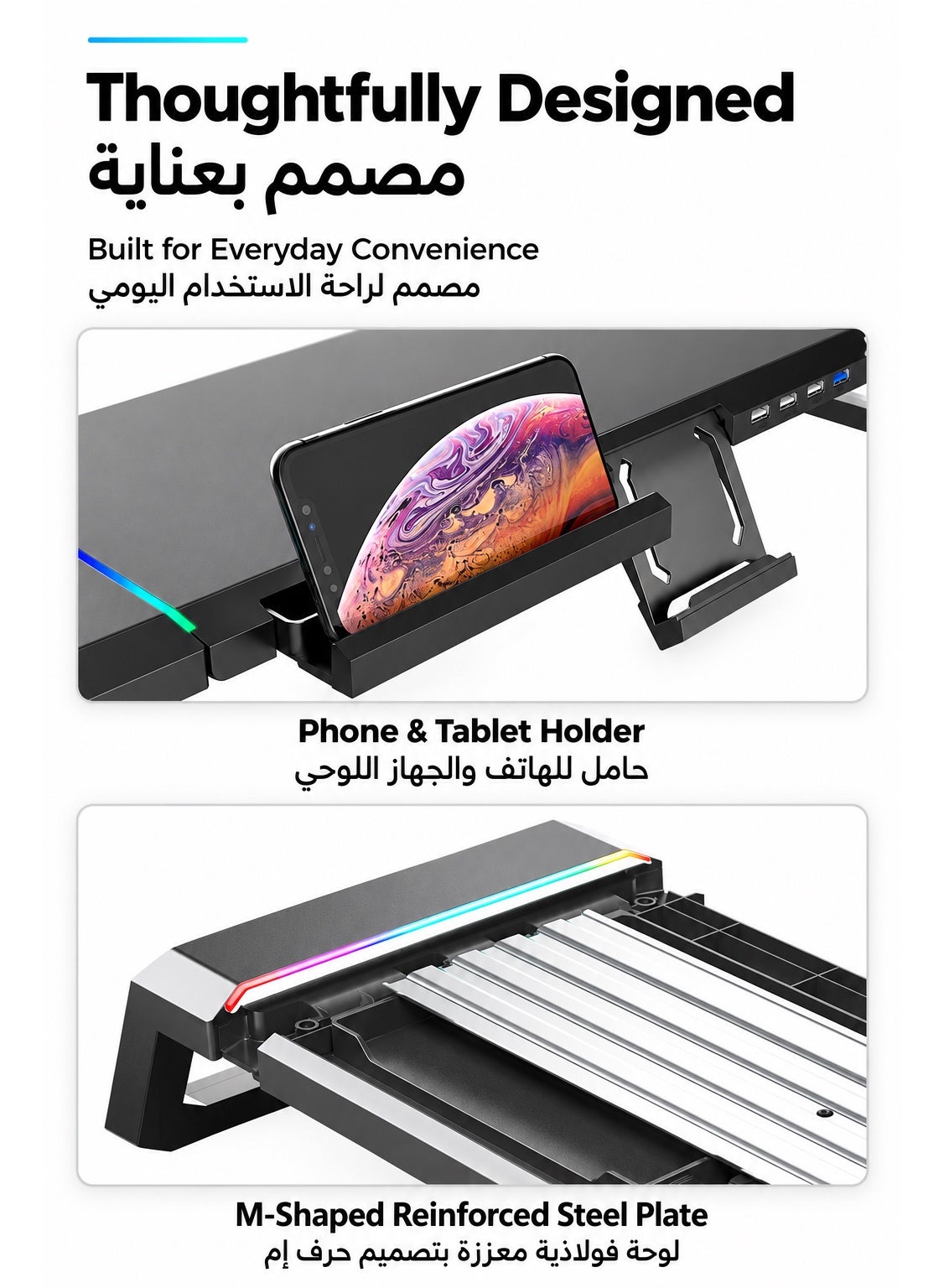 Monitor Stand Riser by ICECOOREL T1, RGB Gaming Computer Monitor Stand with 4-Port USB 2.0 Hub, Storage Drawer, Phone & Tablet Holder, 20kg Heavy-Duty Desk Organizer for PC Laptop Monitor