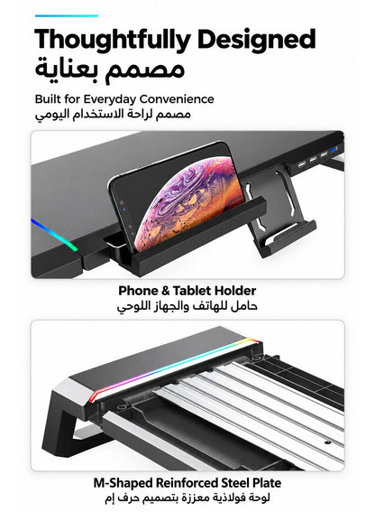 Monitor Stand Riser by ICECOOREL T1, RGB Gaming Computer Monitor Stand with 4-Port USB 2.0 Hub, Storage Drawer, Phone & Tablet Holder, 20kg Heavy-Duty Desk Organizer for PC Laptop Monitor