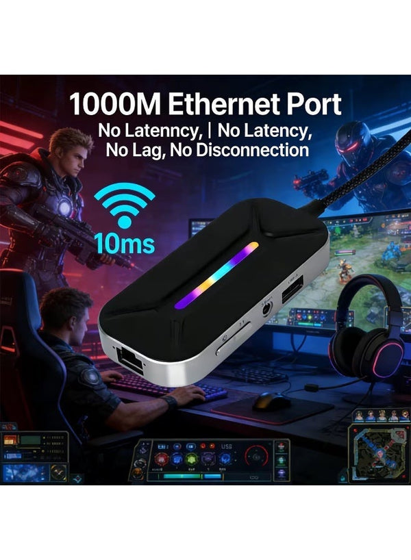 Sarafox XS6 Pro 6 in 1 Gaming Docking Station, USB C Multi-Function Hub with Physical EQ Toggle (FPS Footsteps, Cinematic Movie & Music Modes), 4K HDMI, 1000M Gigabit Ethernet, PD 100W Fast Charge & RGB – Compatible with iPad, RedMagic, PC , Laptops, ROG,