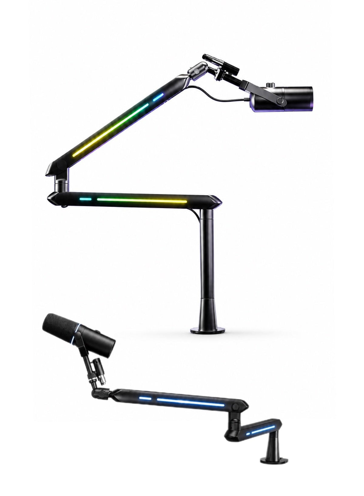 3 in 1 Mic Stand, Convertible Low Profile Arm and Holder for Studio, Streaming, Gaming, Podcasting and Recording by HUMANEX, RGB 3-Section Boom Arm Compatible with FIFINE Mics, RØDE NT1, HyperX QuadCast and Shure SM7B, Clamp and Grommet Mount, Black