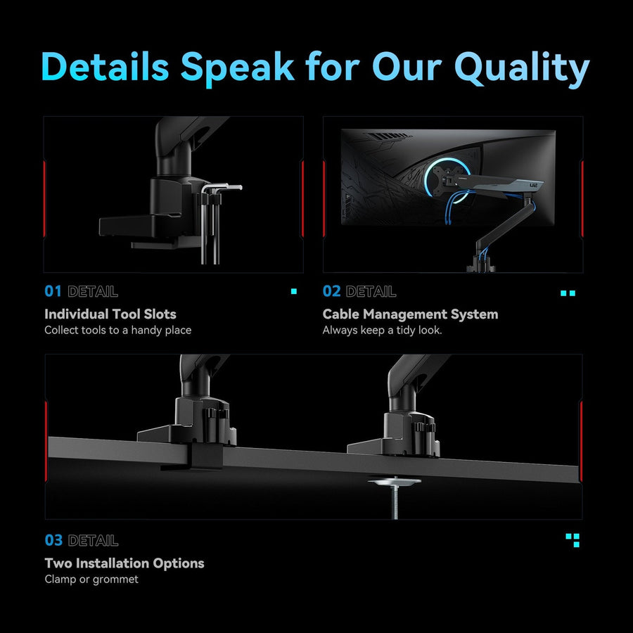Humanex Stealth Mecha Premium Professional Gaming Monitor Arm, Single Monitor Desk Mount for 17–40″ Screens, Supports up to 12 kg, Full Motion Tilt, Swivel and 360° Screen Rotation, VESA 75×75 / 100×100, Built In Cable Management, C-Clamp and Grom