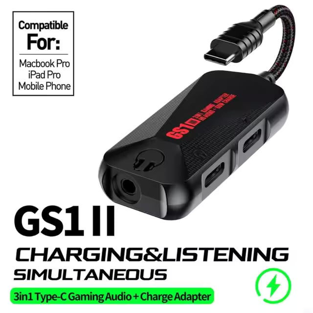 GS1 3-in-1 Mobile Gaming Sound Card USB-C to 3.5mm Headphone Jack Adapter Type C PD QC 60W Fast Charge Adapter Hi-Res Sound Card