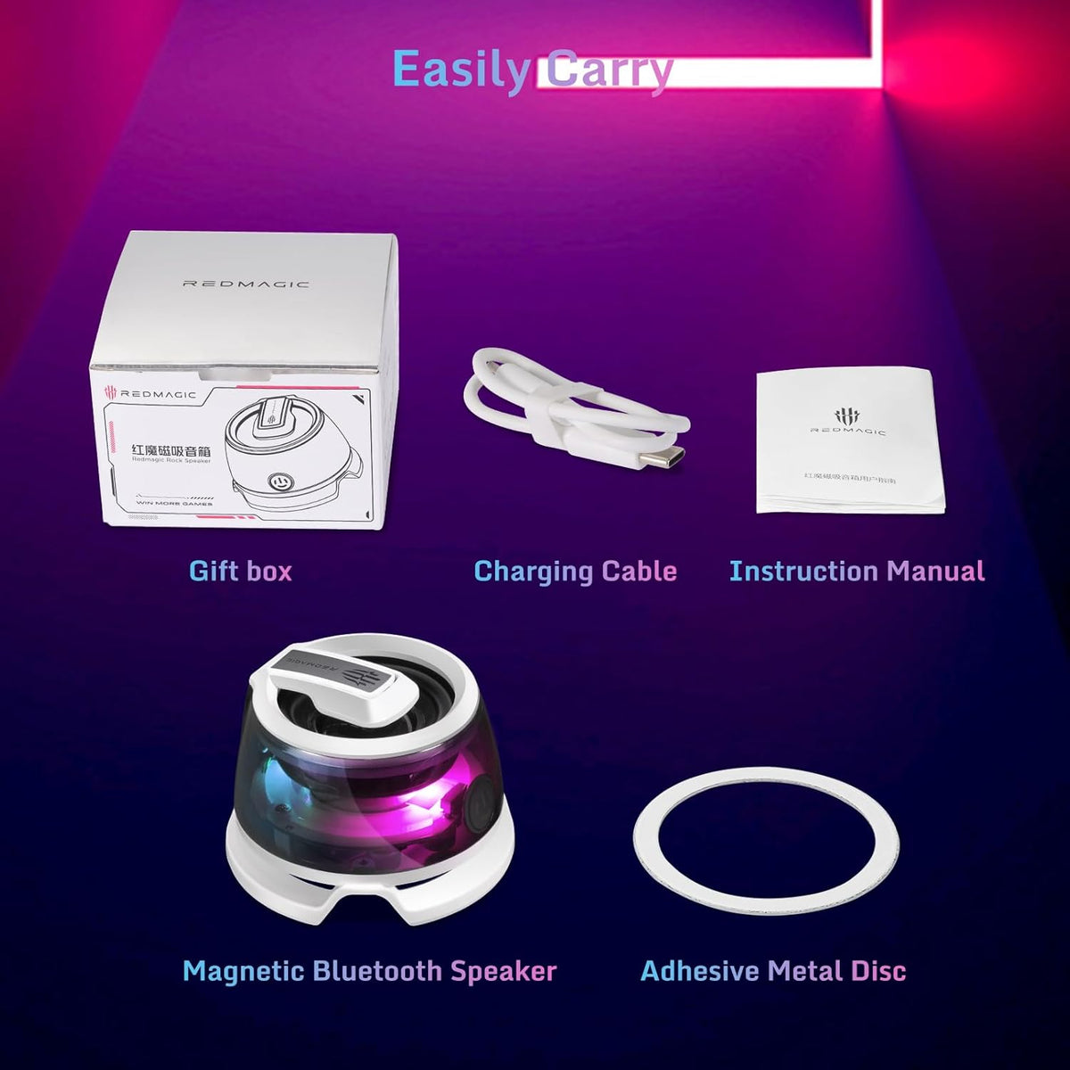 حامل هاتف صغير من ريد ماجيك مع مكبر صوت بلوتوث، BT 5.3، ضوء RGB، وضع الألعاب/الموسيقى، مكبر صوت مغناطيسي لاسلكي محمول لعربة الجولف، السفر، الاستحمام، الهواء الطلق أو السطح المعدني