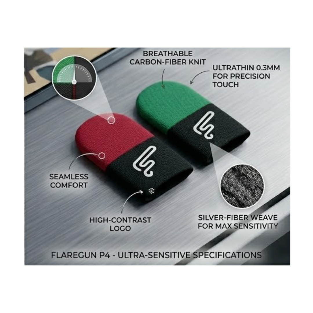 Flaregun P4 Gaming Finger Sleeves, Silver-Fiber Touchscreen Covers, Dual Colour 4-Pack (2× Black + Green and 2× Black + Red) for PUBG Mobile, Call of Duty Mobile, iPad and Tablet Gaming