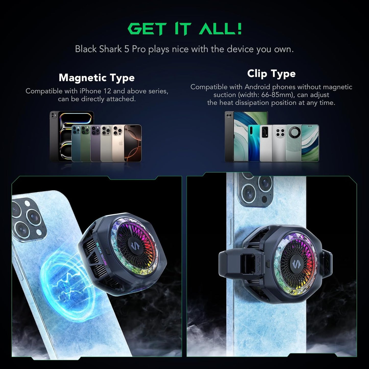 Black Shark Magnetic Phone Cooler 5 Pro - 18 Addressable RGB LEDs, Detachable Grip, APP-Controlled Thermostatic Cooling Fan for iPhone MagSafe/Android/iPad -Gaming/Streaming/Photography (LEBANON  ONLY)
