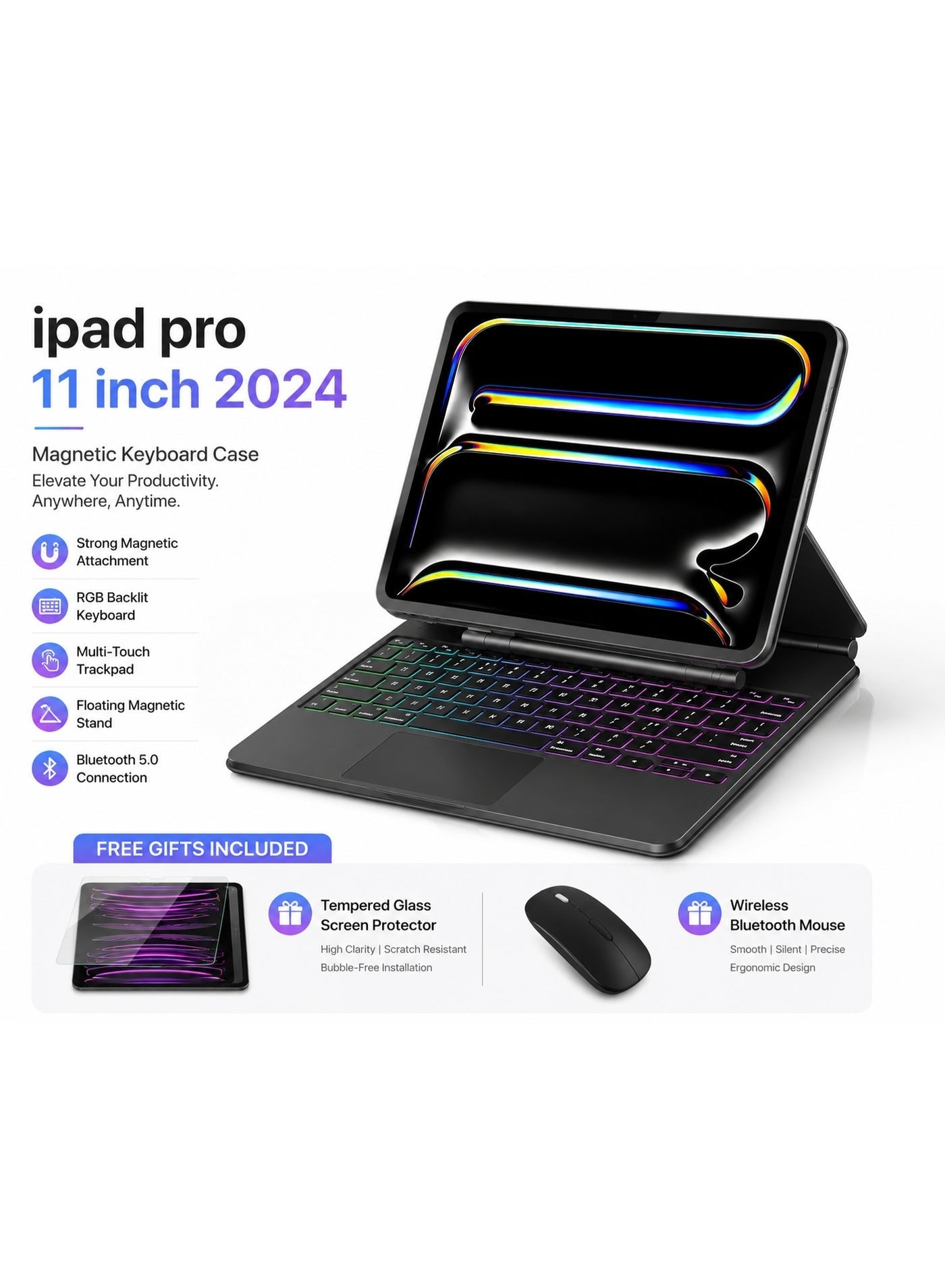 Generic iPad 11 inch 2024 Magnetic Keyboard Case with Wireless Bluetooth Mouse &