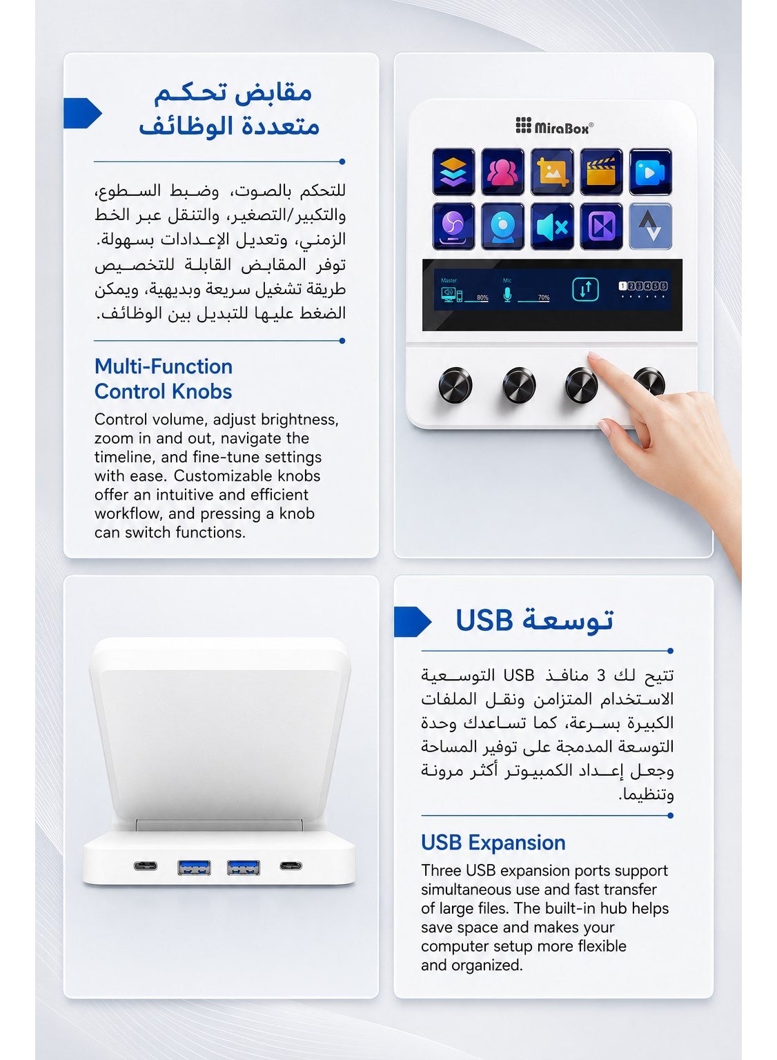 ميرا بوكس N4 وحدة تحكم للبث المباشر، 10 أزرار LCD قابلة للبرمجة، 4 مقابض تحكم دوارة، شريط لمس ذكي، موزع USB مدمج، لوحة ماكرو احترافية للألعاب والبث المباشر والتحكم بالصوت وإنشاء المحتوى، متوافقة مع ويندوز وماك, أبيض